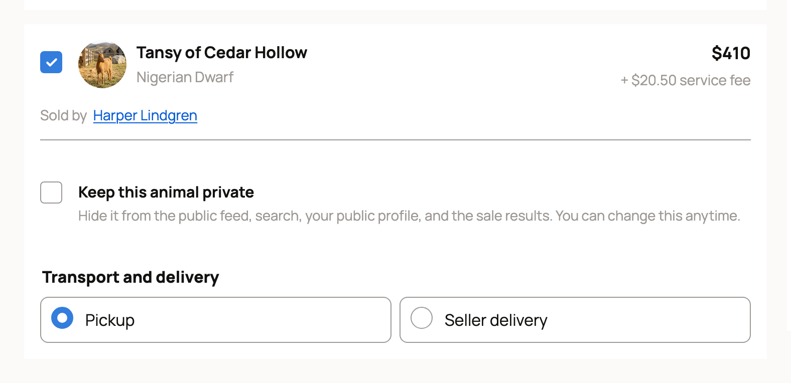 Auction win with Transport and delivery choices of Pickup or Seller delivery