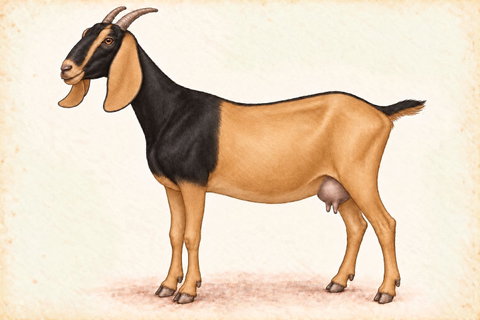 Illustration of a Nubian doe with buckskin swiss coloring.