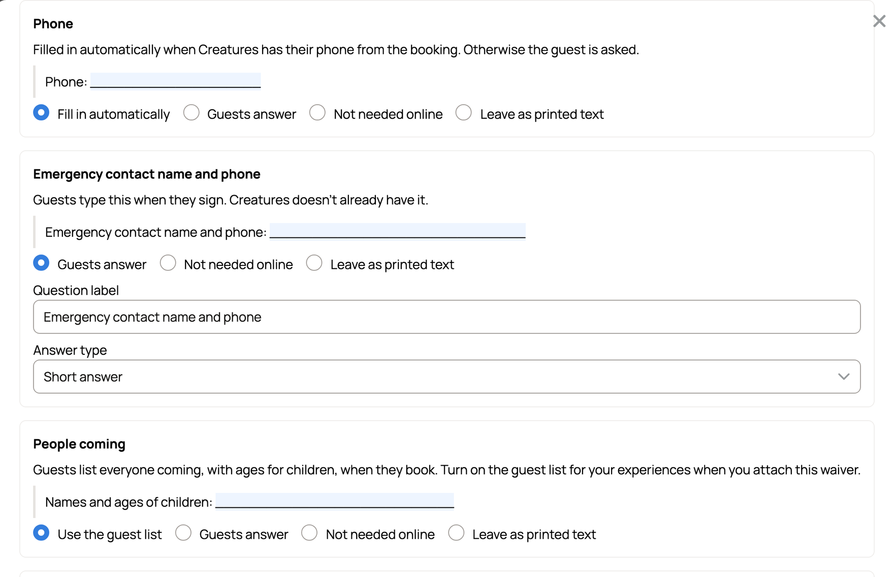 Set up your waiver suggesting Fill in automatically for the phone, Guests answer for an emergency contact and Use the guest list for children's names and ages