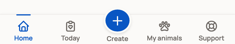 Support at the right end of the phone navigation bar, after Home, Today, Create and My animals