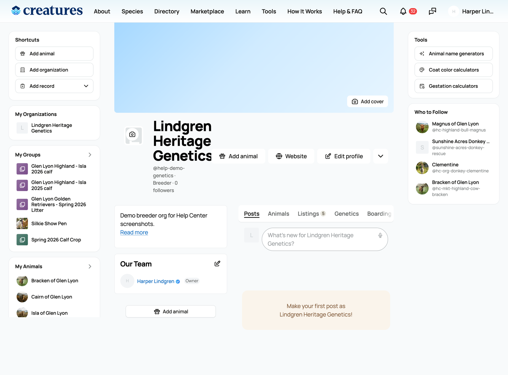 A filled-in organization profile