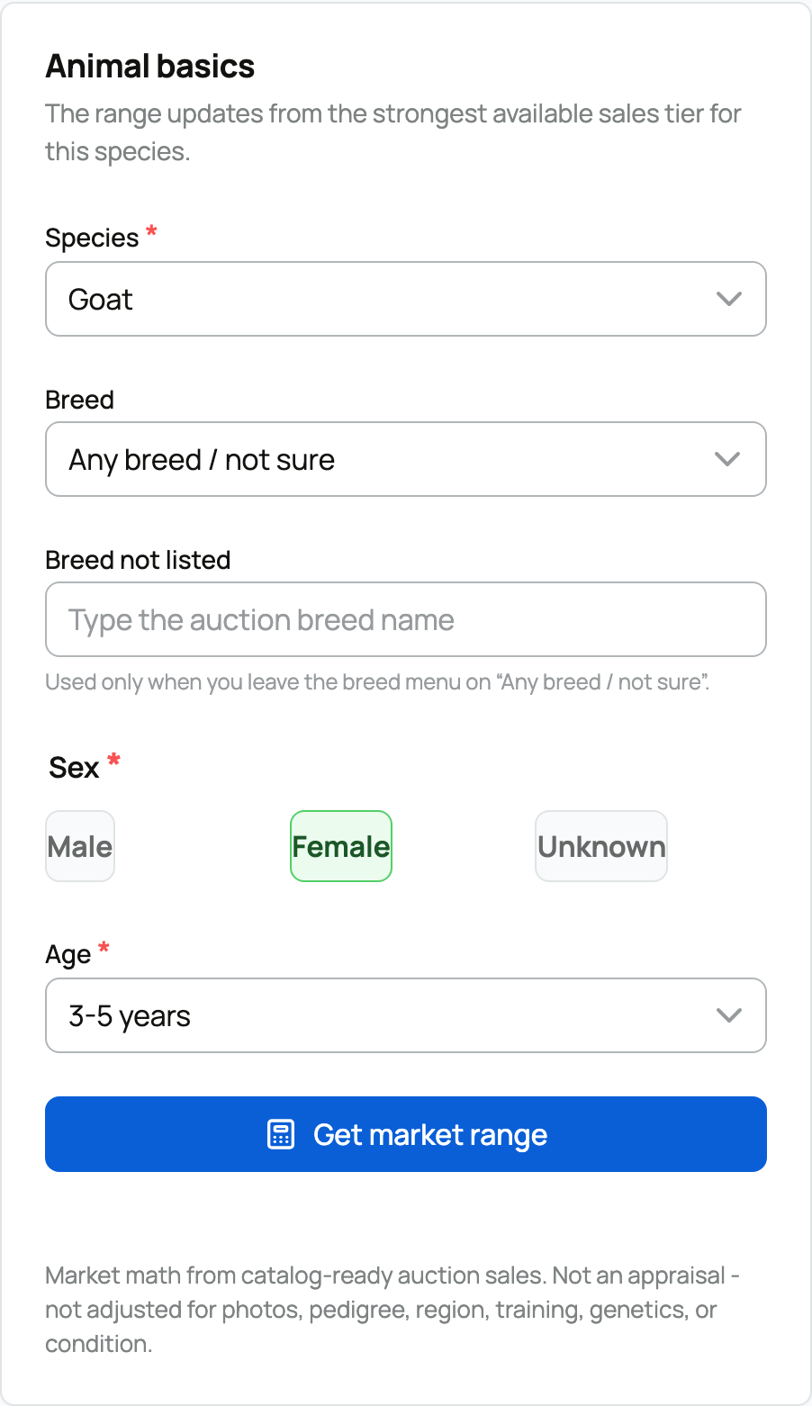 The Animal basics form: species, breed, sex, and age