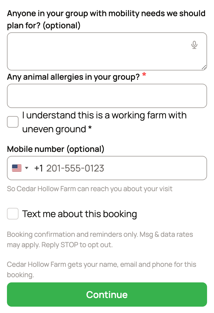 Booking questions, optional booking texts, and Continue