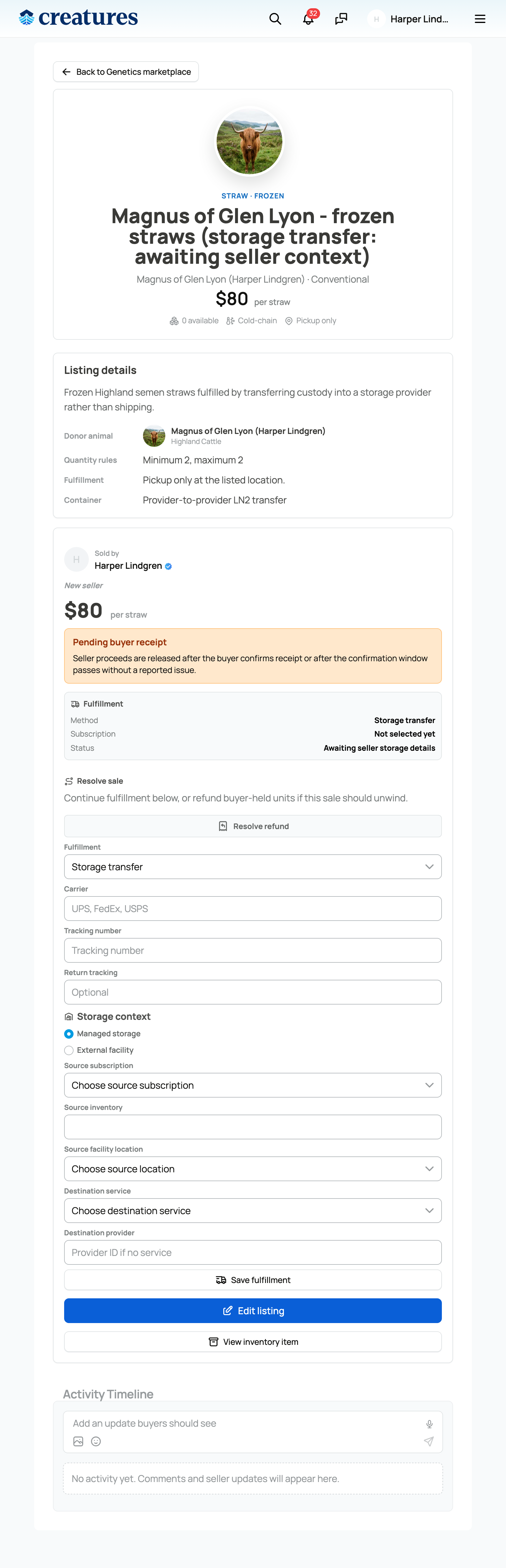 The seller's storage-transfer form: choose managed or external context, then the source and destination