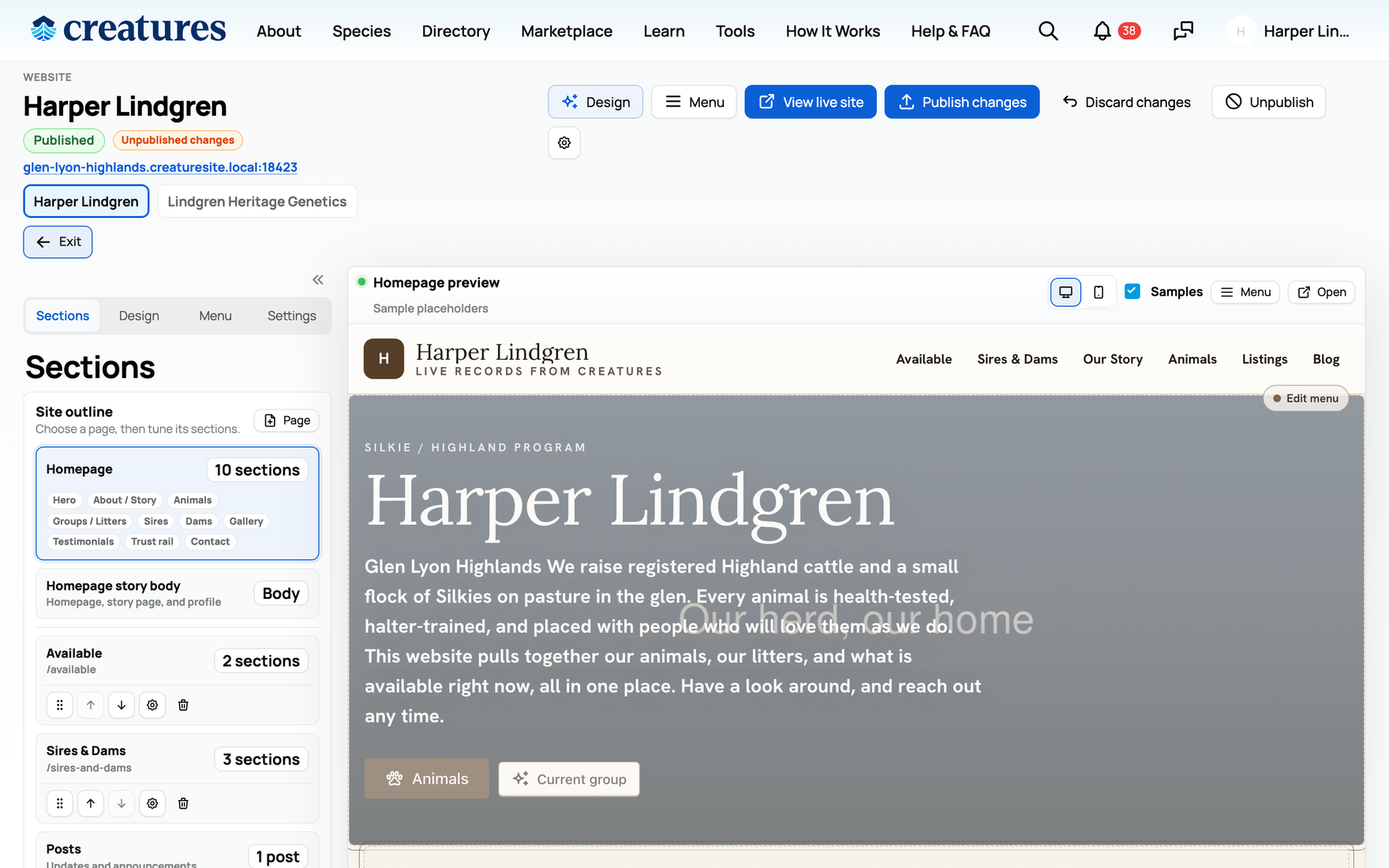 The builder: header actions and a live preview of the homepage