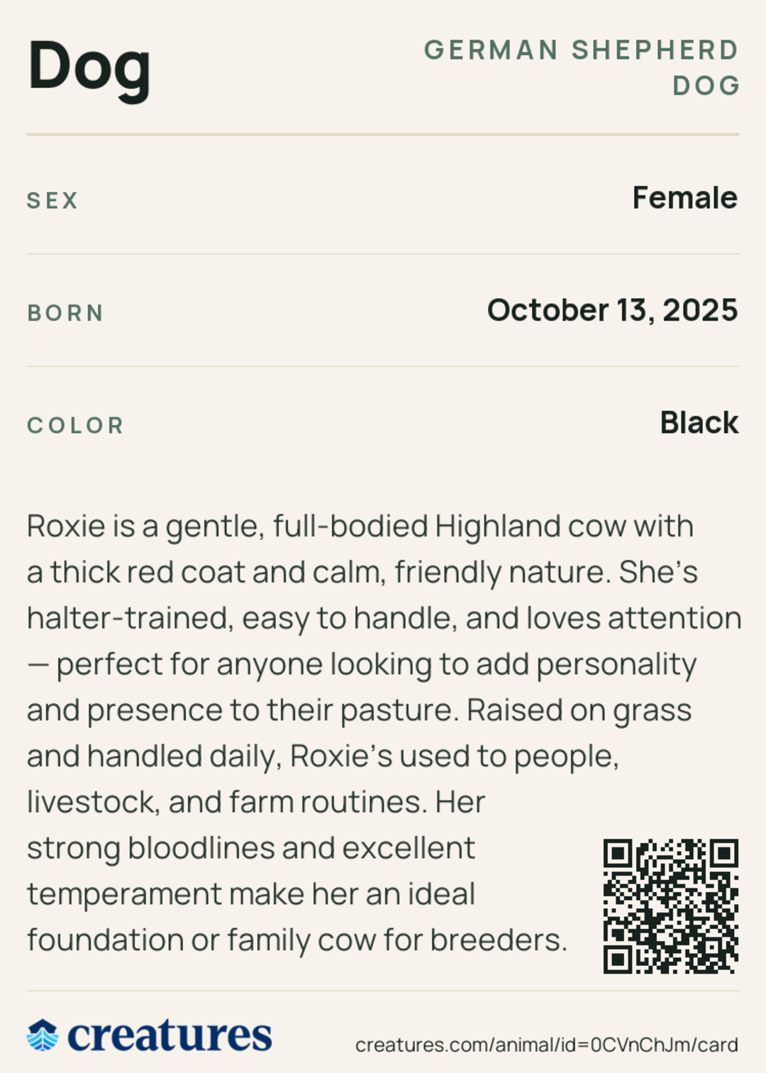 Dog Creature Card back