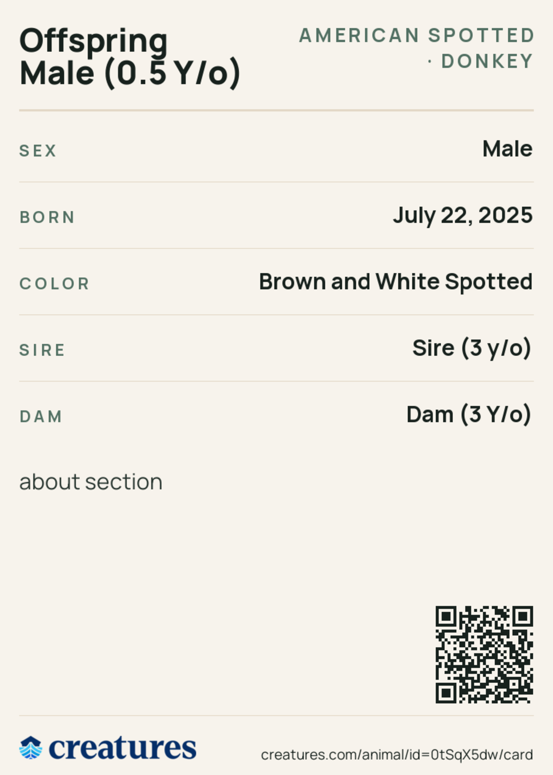 Offspring Male (0.5 Y/o) Creature Card back