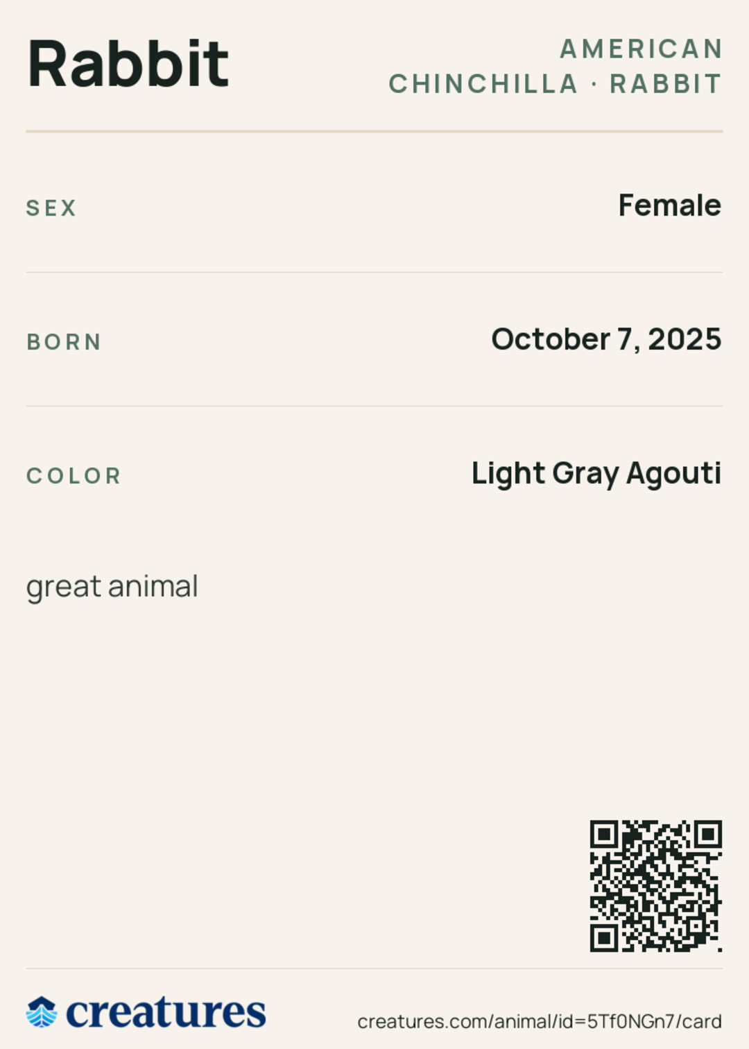 Rabbit Creature Card back