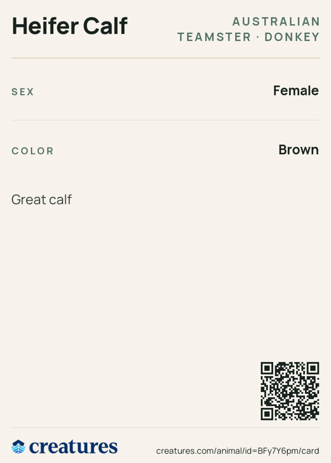 Heifer Calf Creature Card back