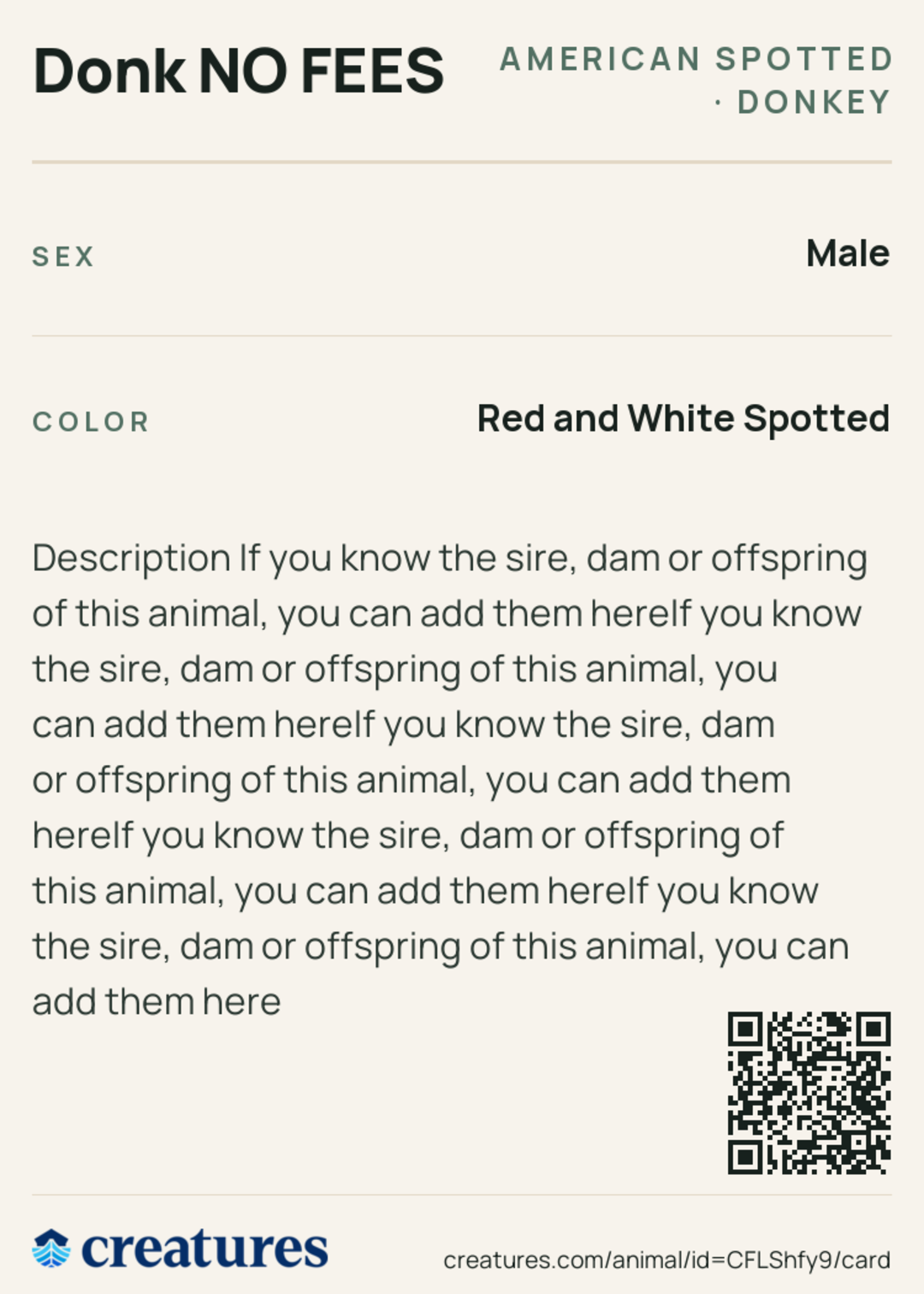 Donk NO FEES Creature Card back