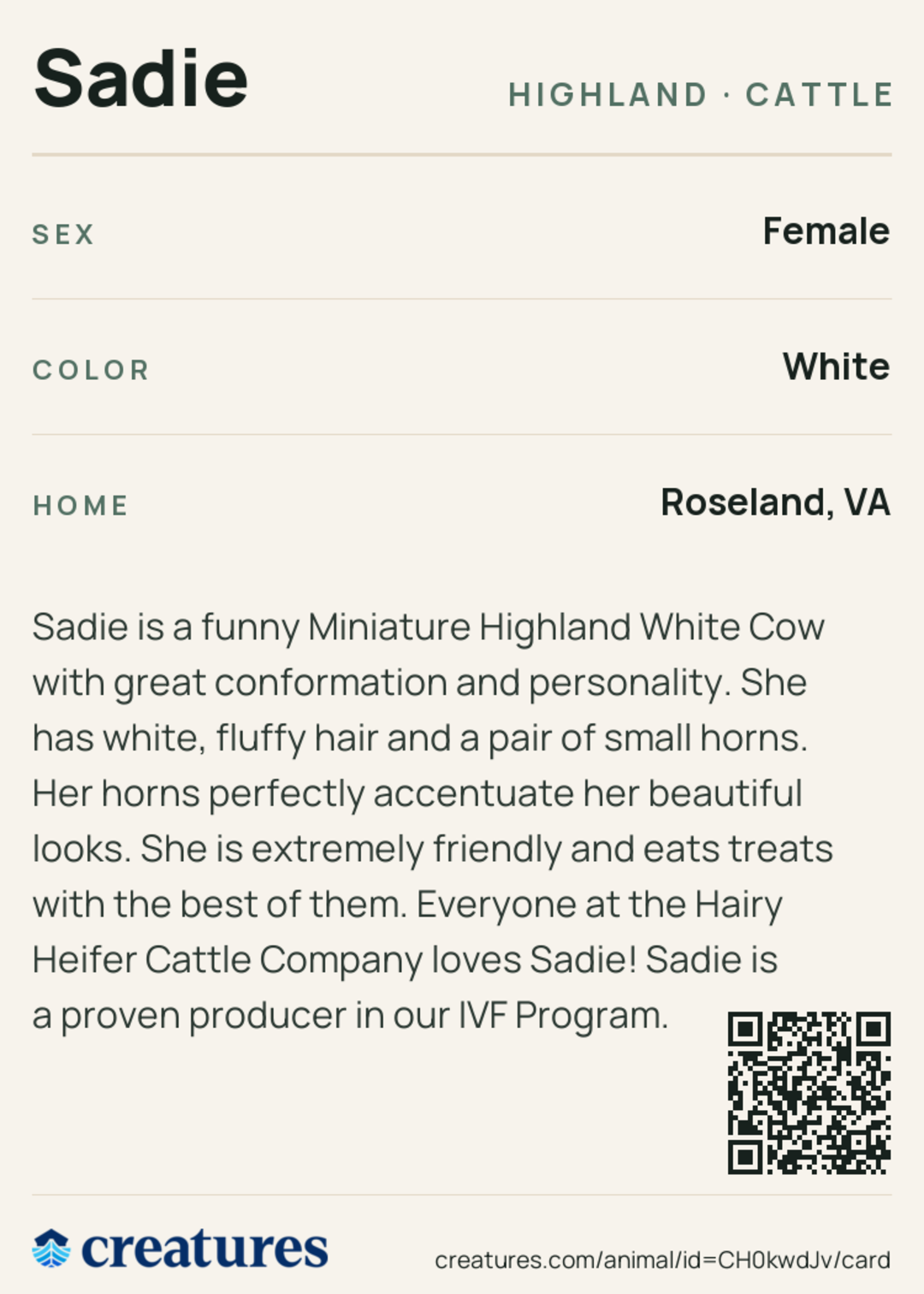 Sadie Creature Card back