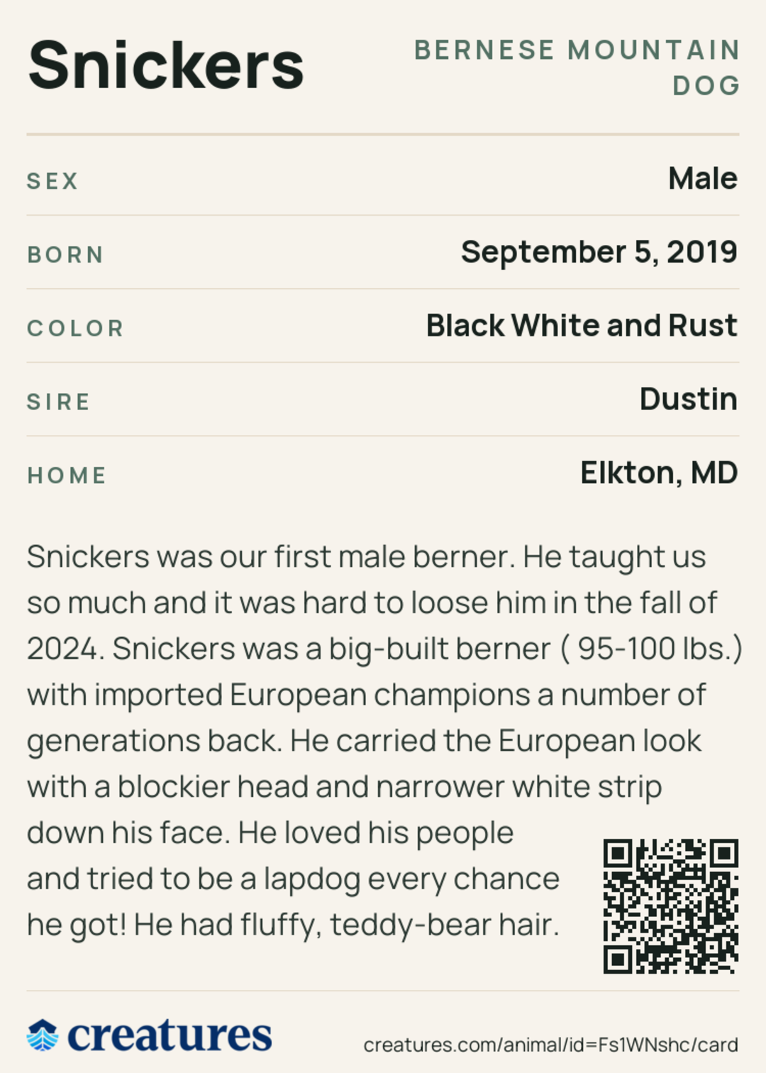 Snickers Creature Card back