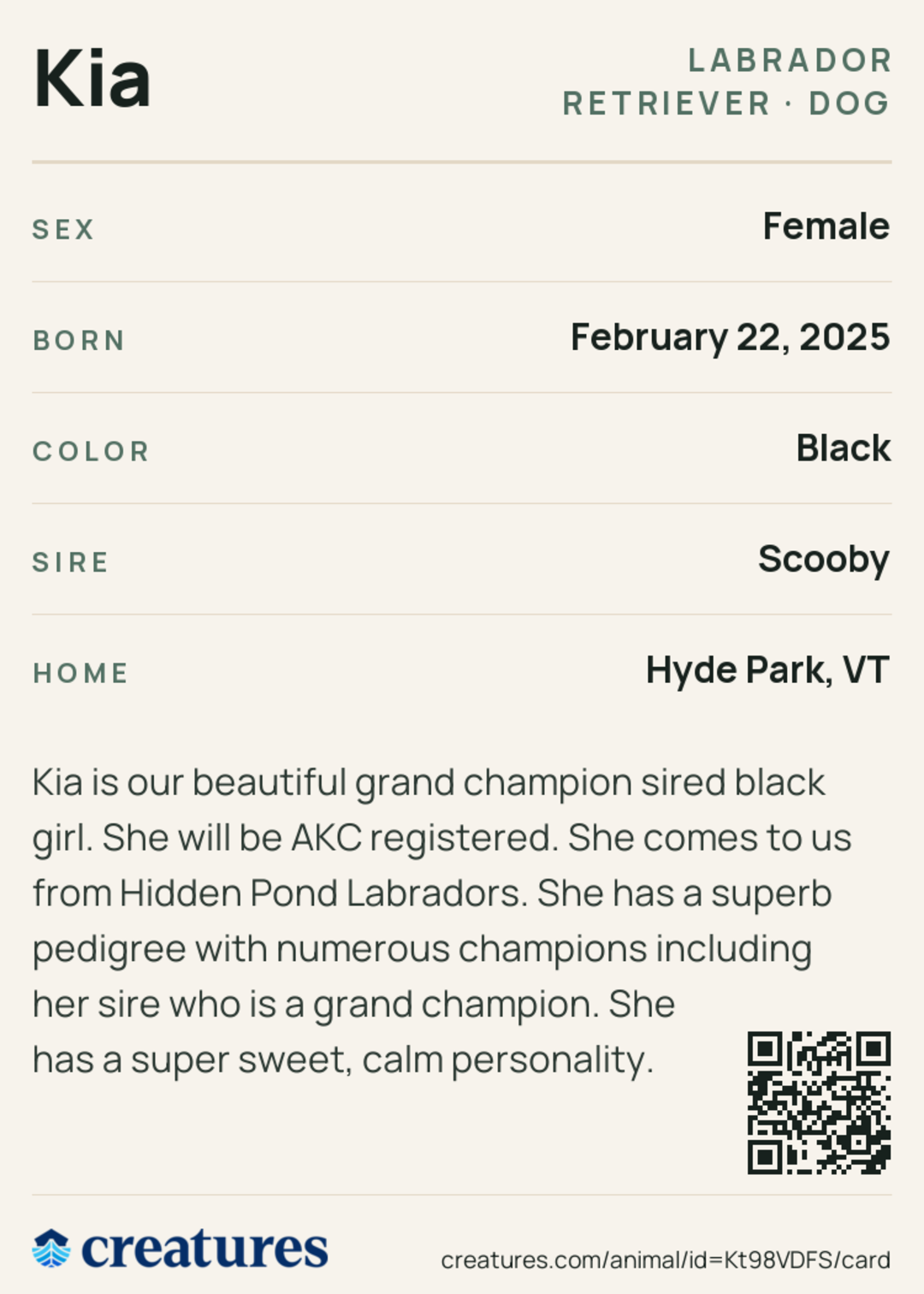 Kia Creature Card back