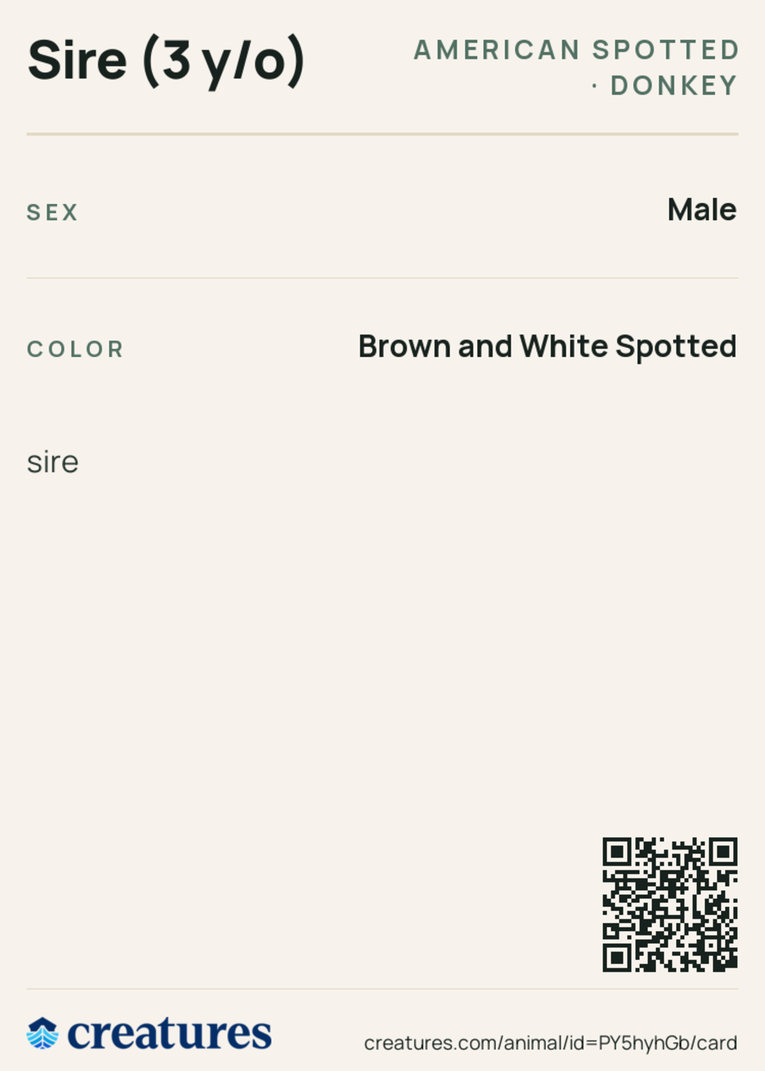 Sire (3 y/o) Creature Card back