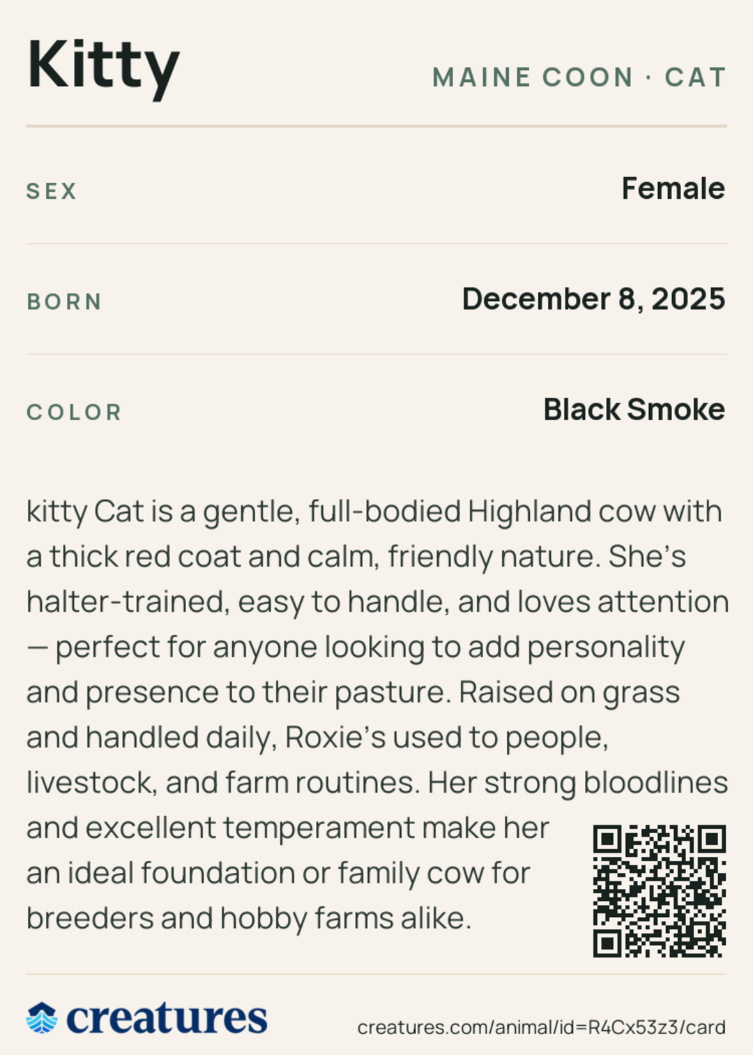 Kitty Creature Card back