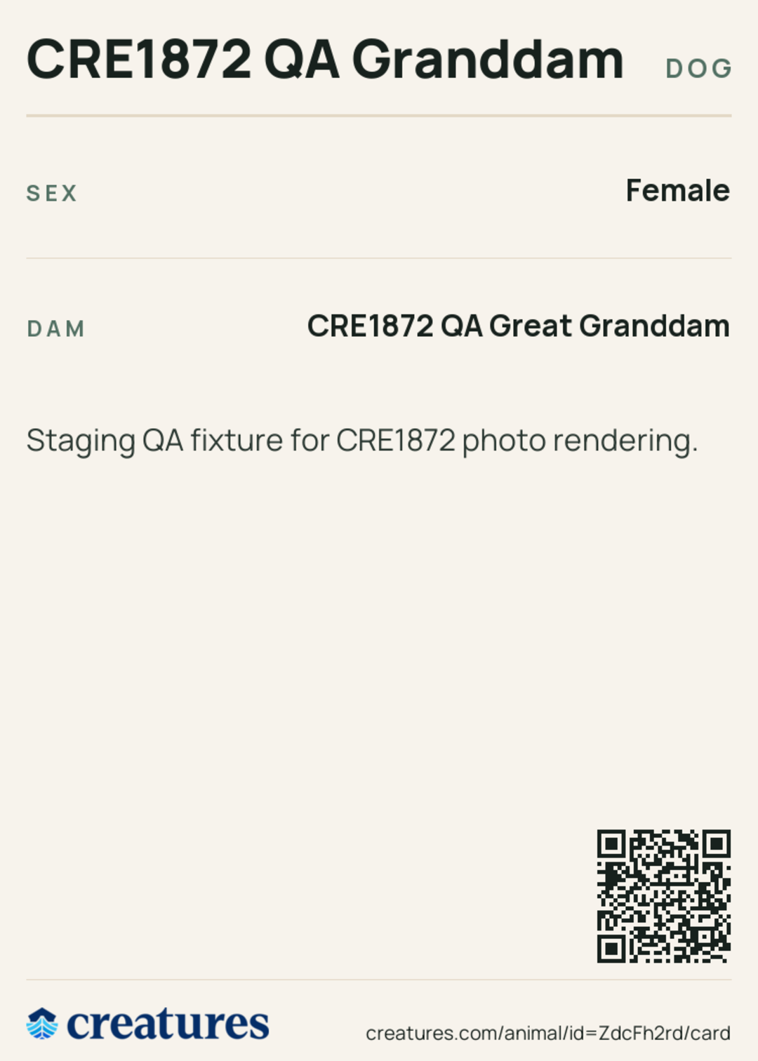 CRE1872 QA Granddam Creature Card back