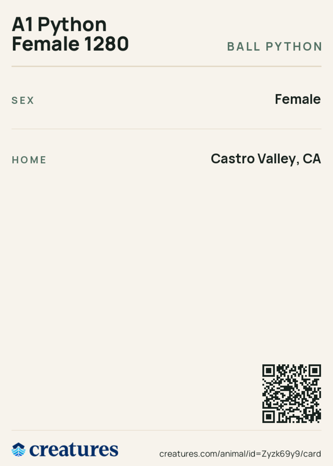 A1 Python Female 1280 Creature Card back