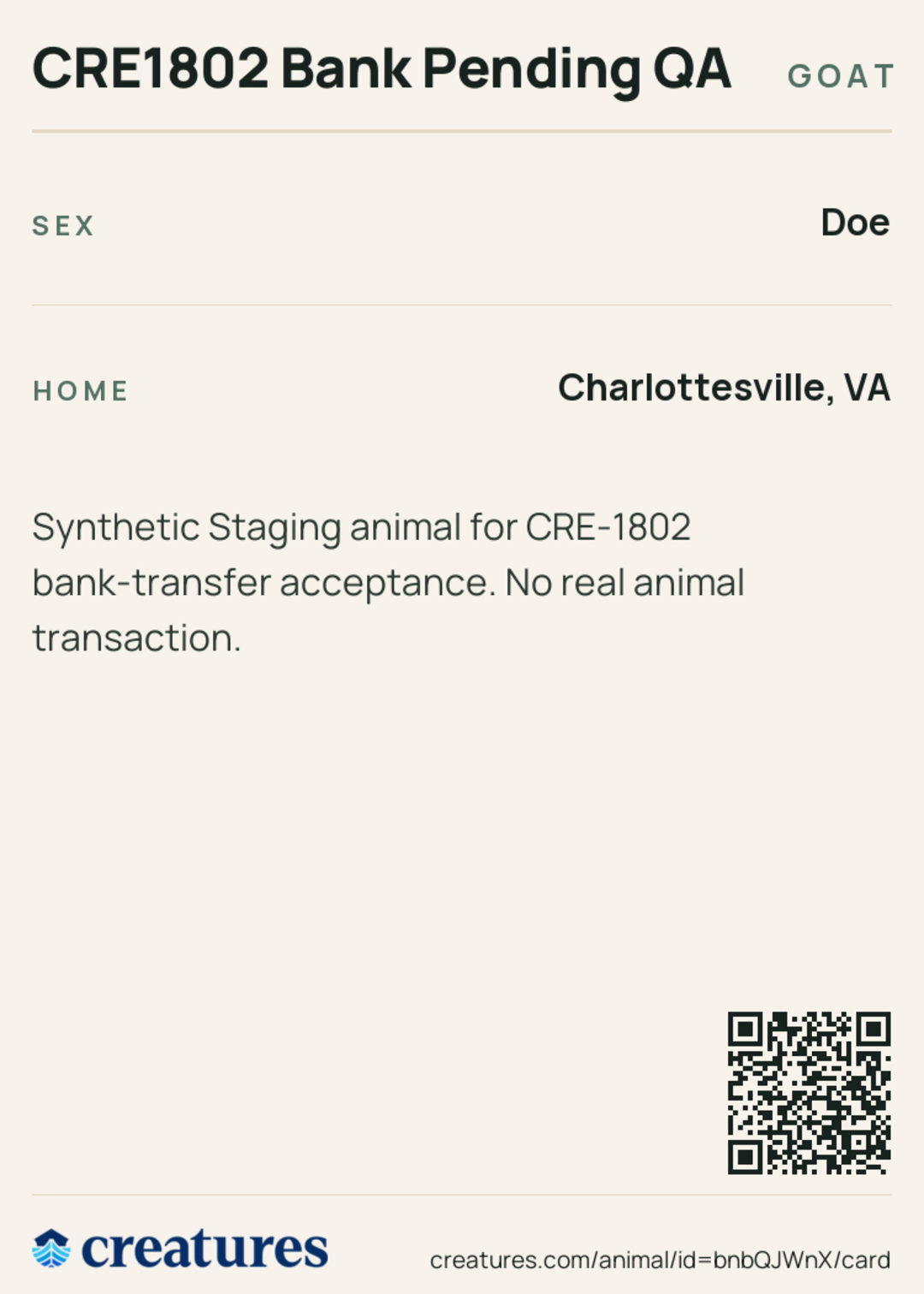 CRE1802 Bank Pending QA Creature Card back