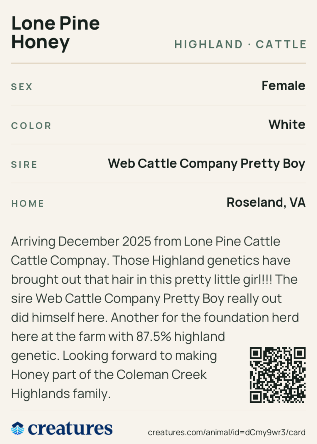 Lone Pine Honey Creature Card back