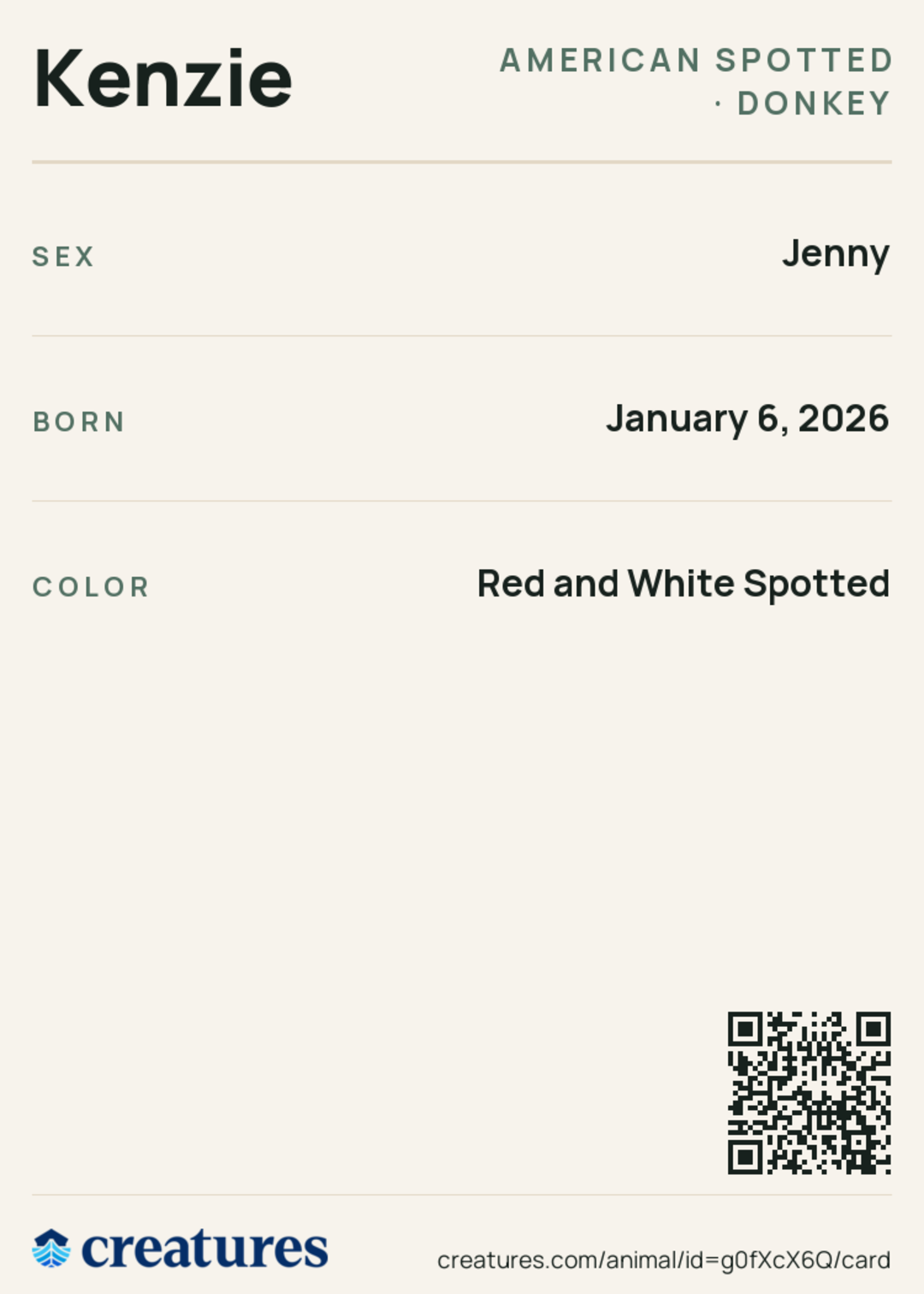 Kenzie Creature Card back