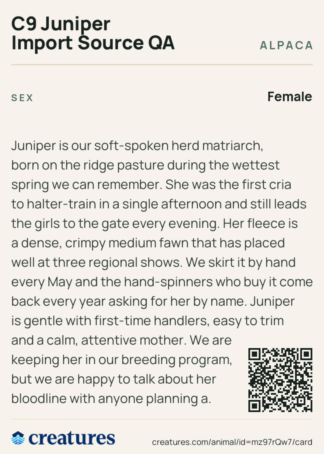C9 Juniper Import Source QA Creature Card back