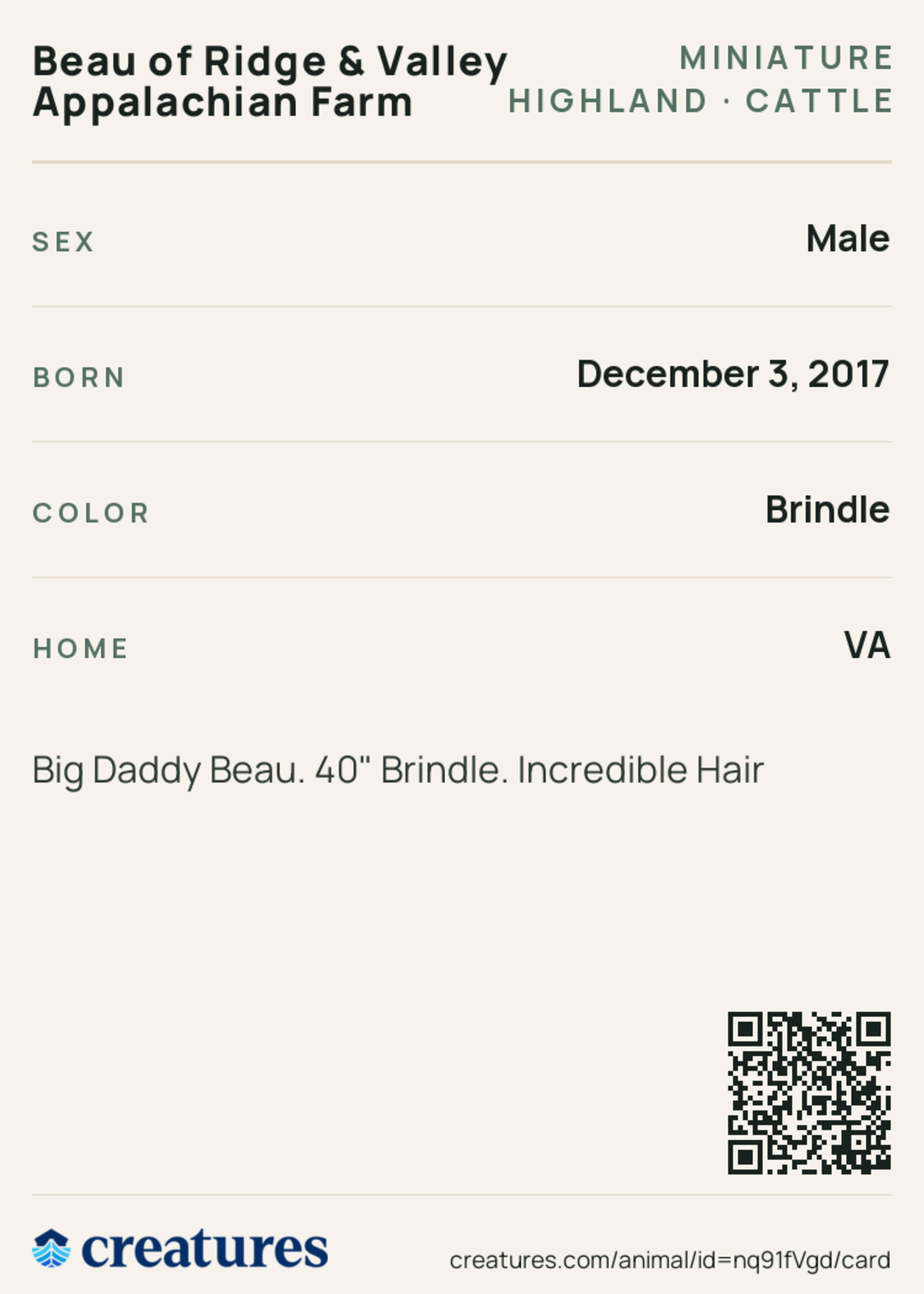 Beau of Ridge & Valley Appalachian Farm Creature Card back
