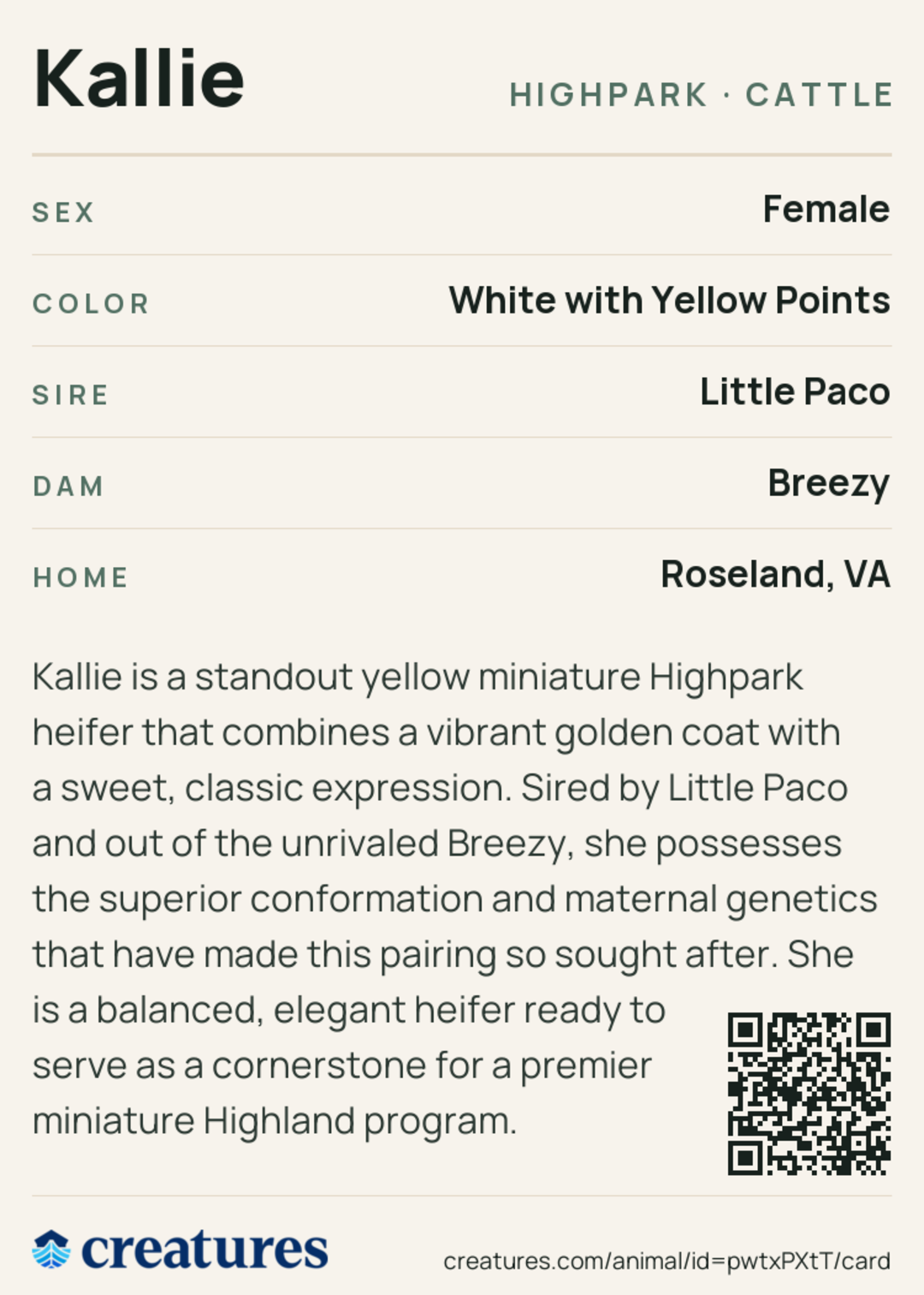 Kallie Creature Card back