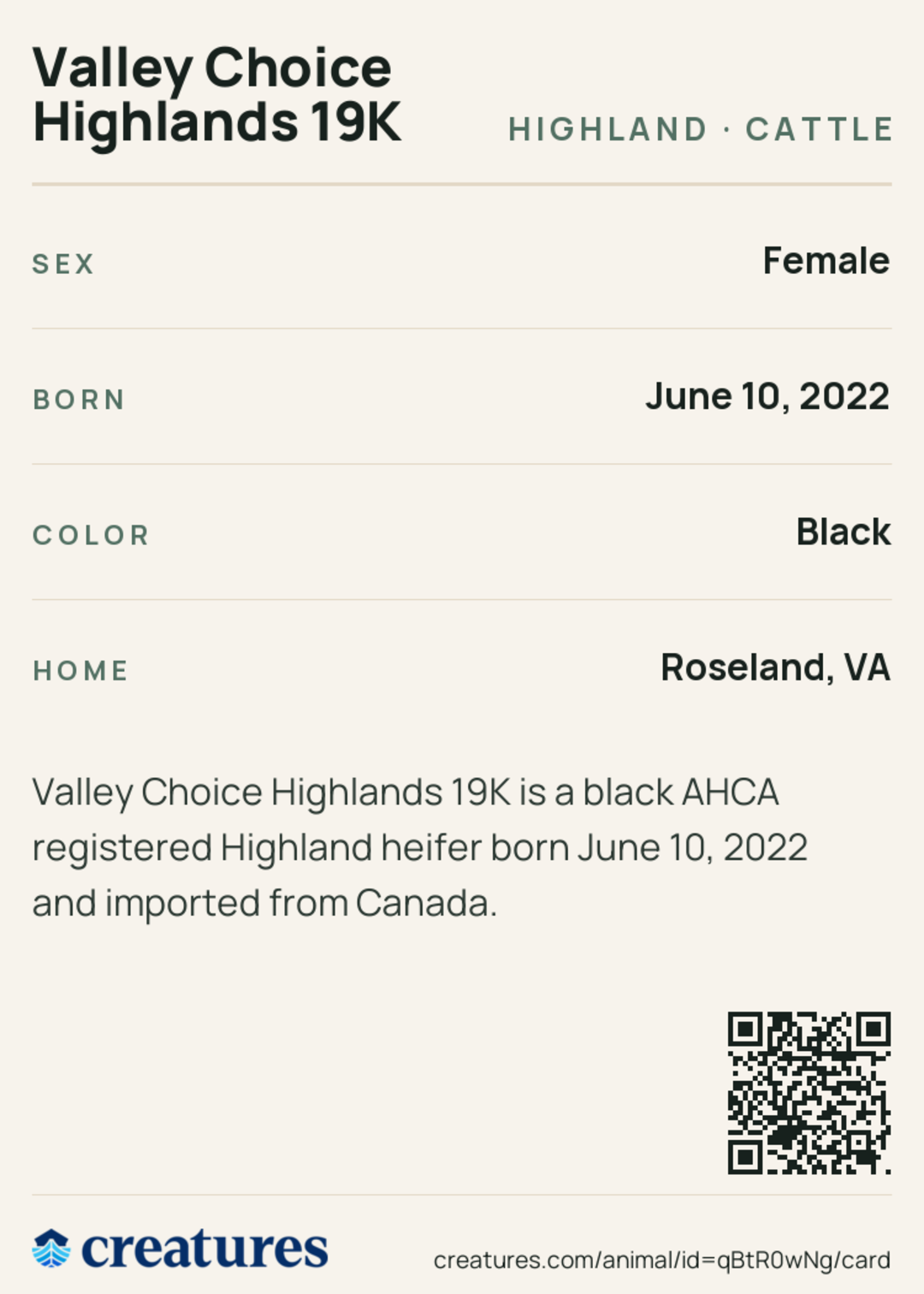Valley Choice Highlands 19K Creature Card back