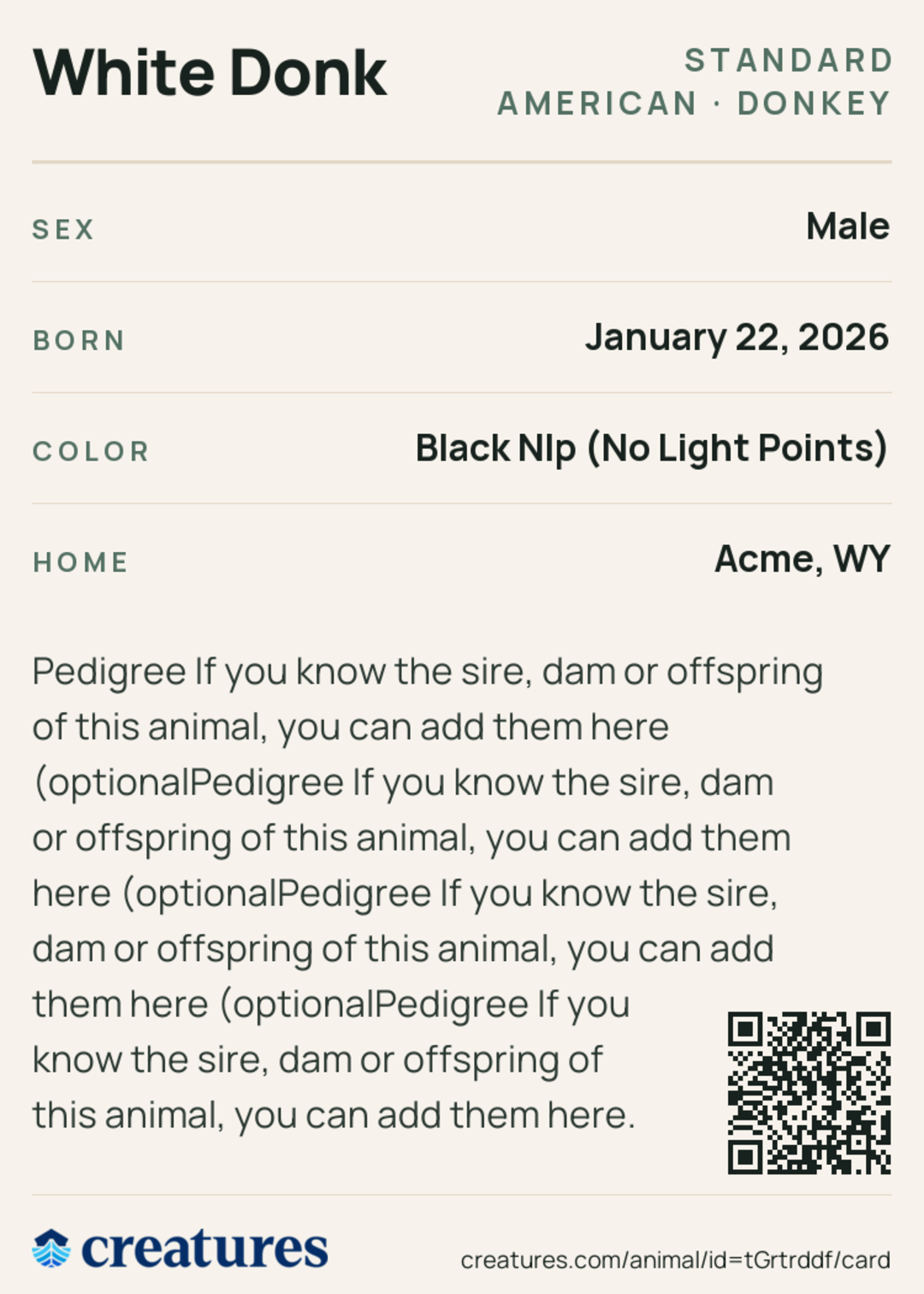 White Donk Creature Card back