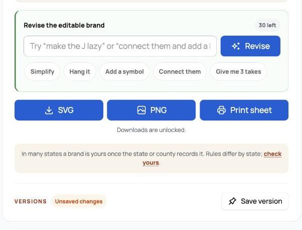 Brand Designer download controls for SVG, PNG, and Print sheet