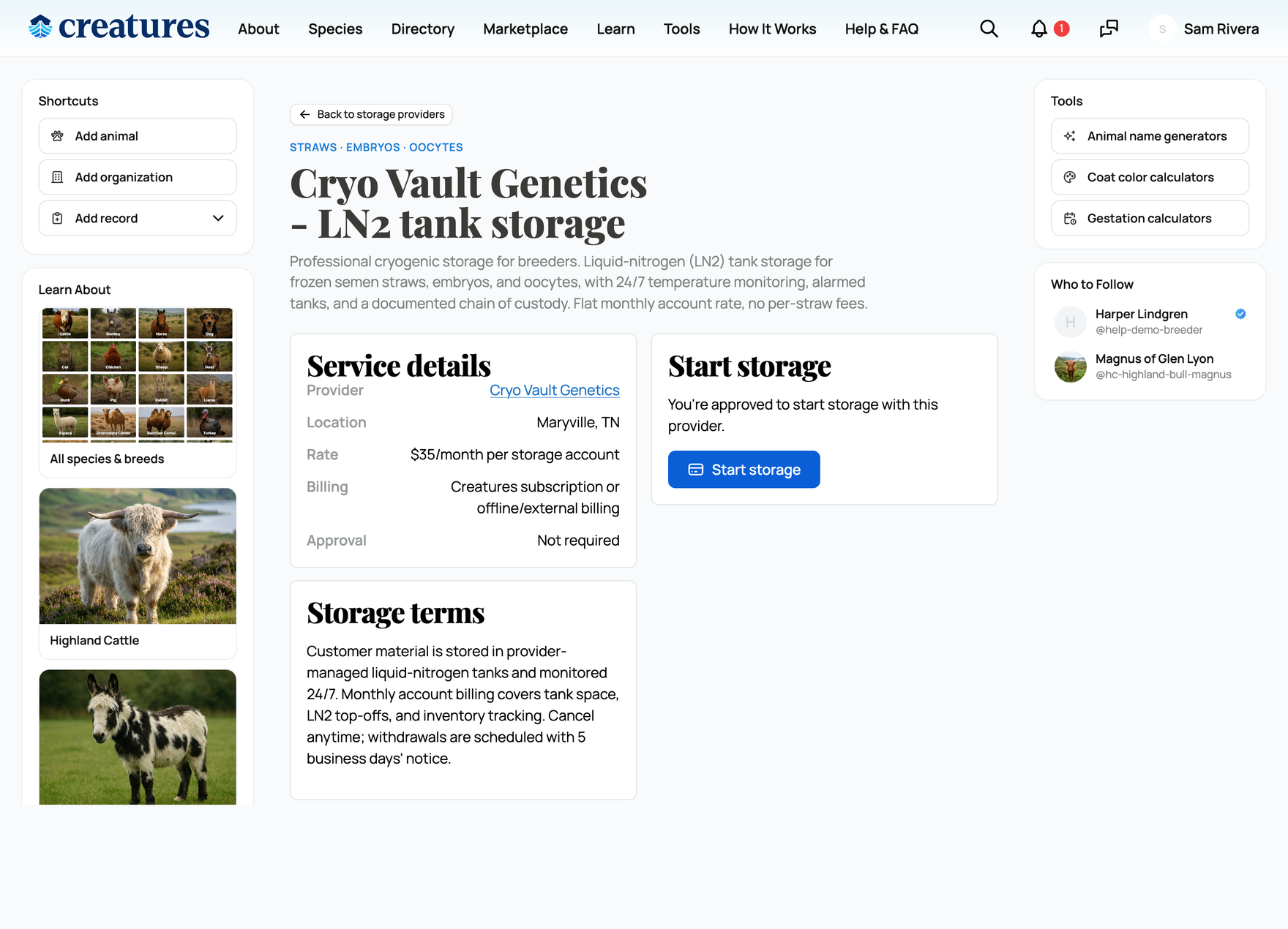 A storage provider's service page