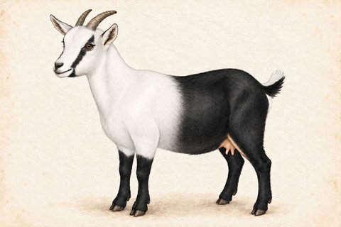 Illustration of a cou blanc Nigerian Dwarf doe: white front with black rear half, facial stripes and lower legs.
