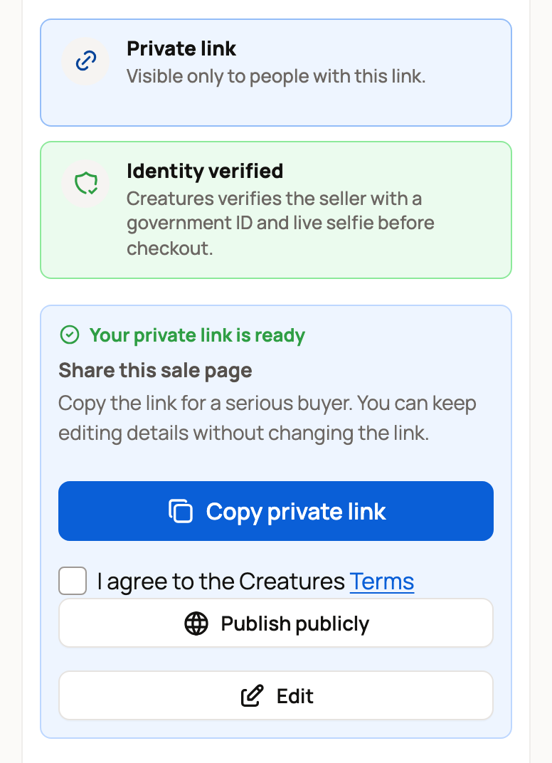 Private link ready with Copy private link and Publish publicly