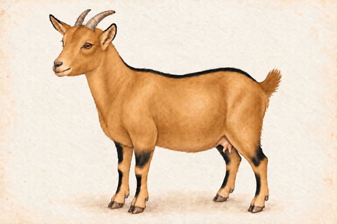 Illustration of a cou clair buckskin Nigerian Dwarf doe: tan face, front, belly and legs with narrow black dorsal, ear-edge and leg marks.
