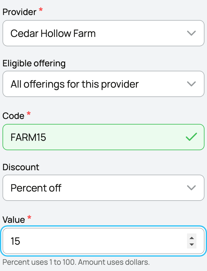 Promo-code form with the provider, eligible offering, code, and discount