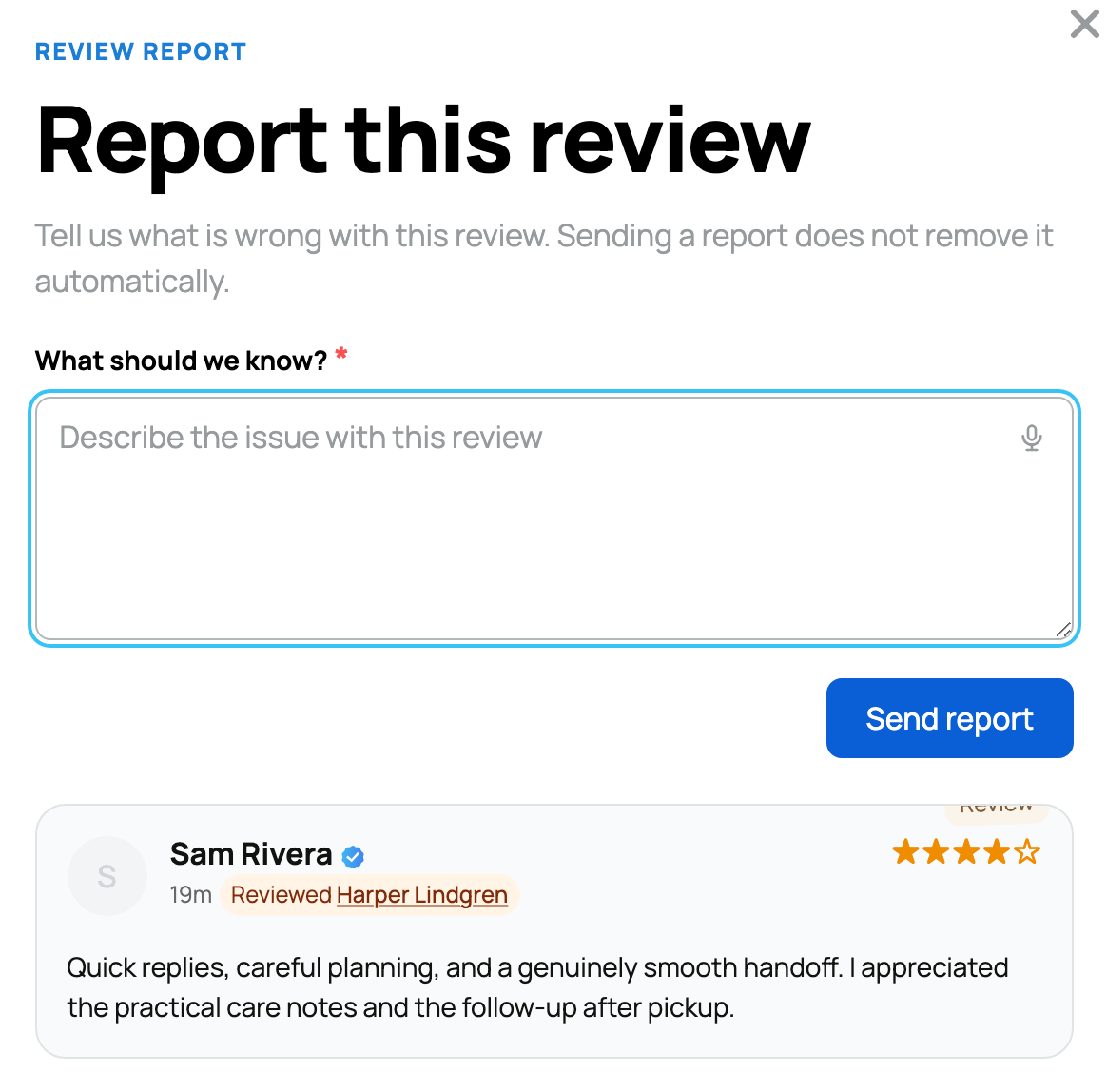Report this review form with the explanation field and reported review