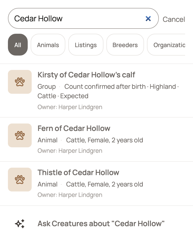 Search results for Cedar Hollow with the filter buttons and an Ask Creatures row