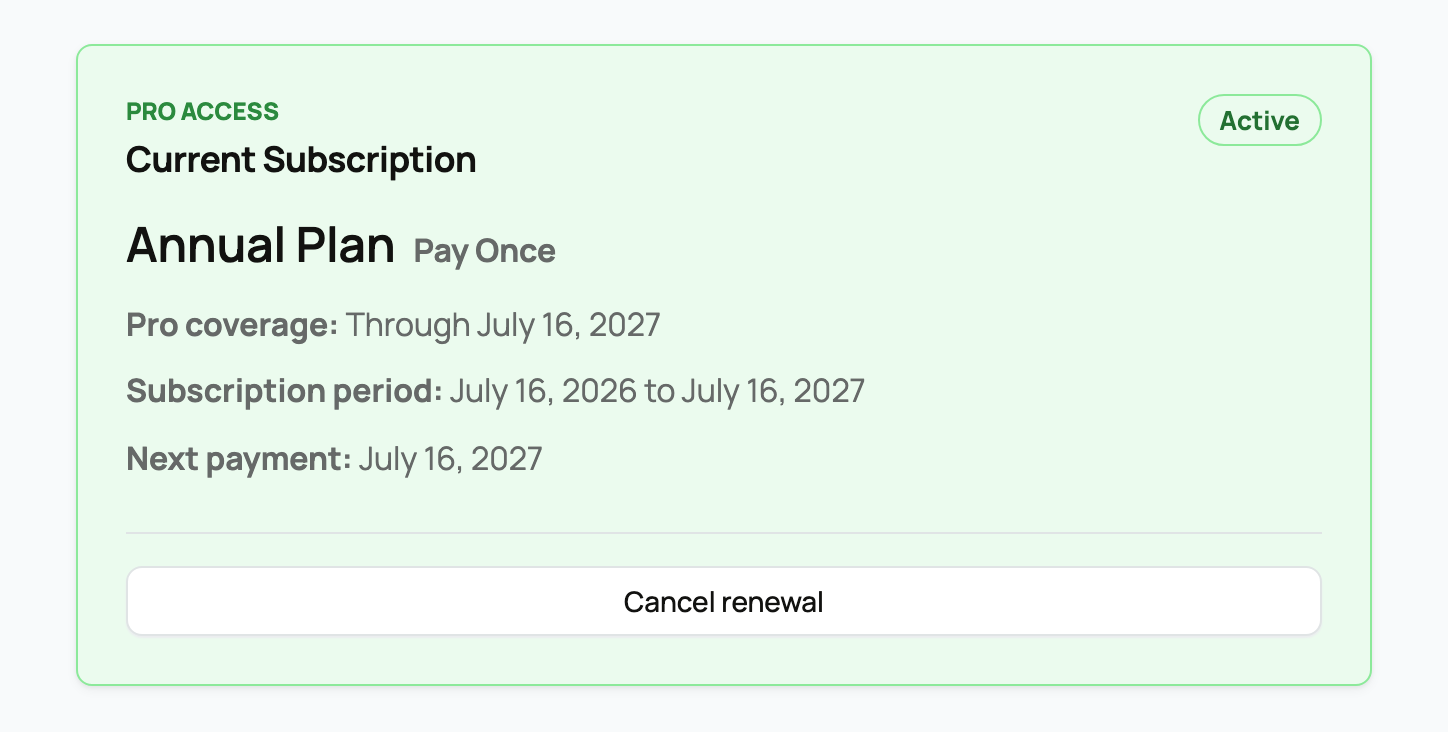 Active annual Creatures Pro subscription with coverage and Cancel renewal