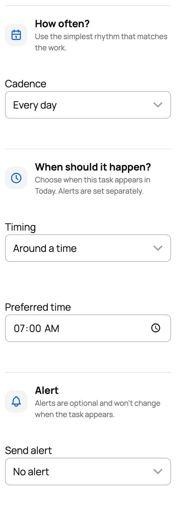 A care task with cadence, timing, and alert choices