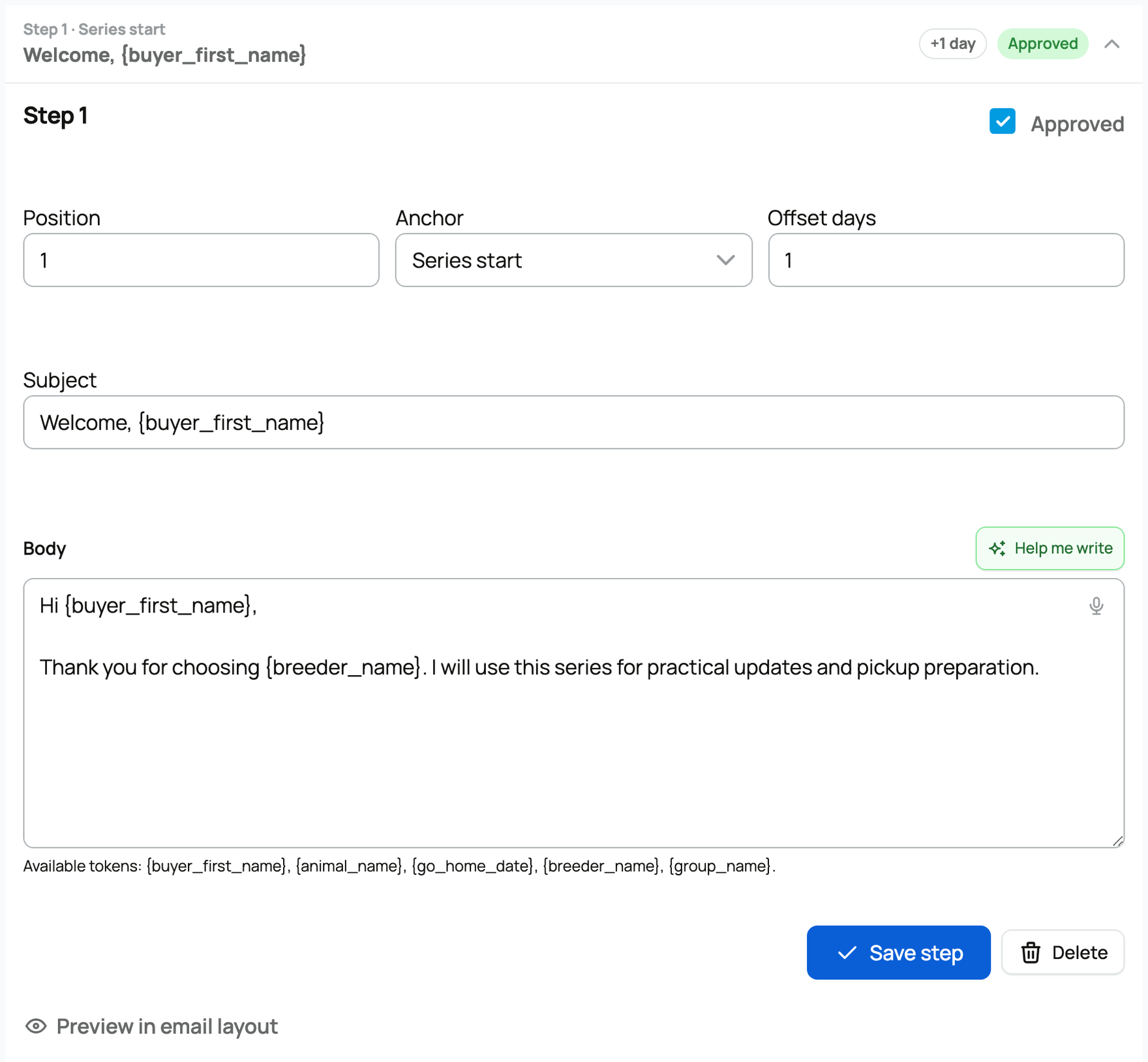 Approved email step with timing, subject, Help me write, and preview