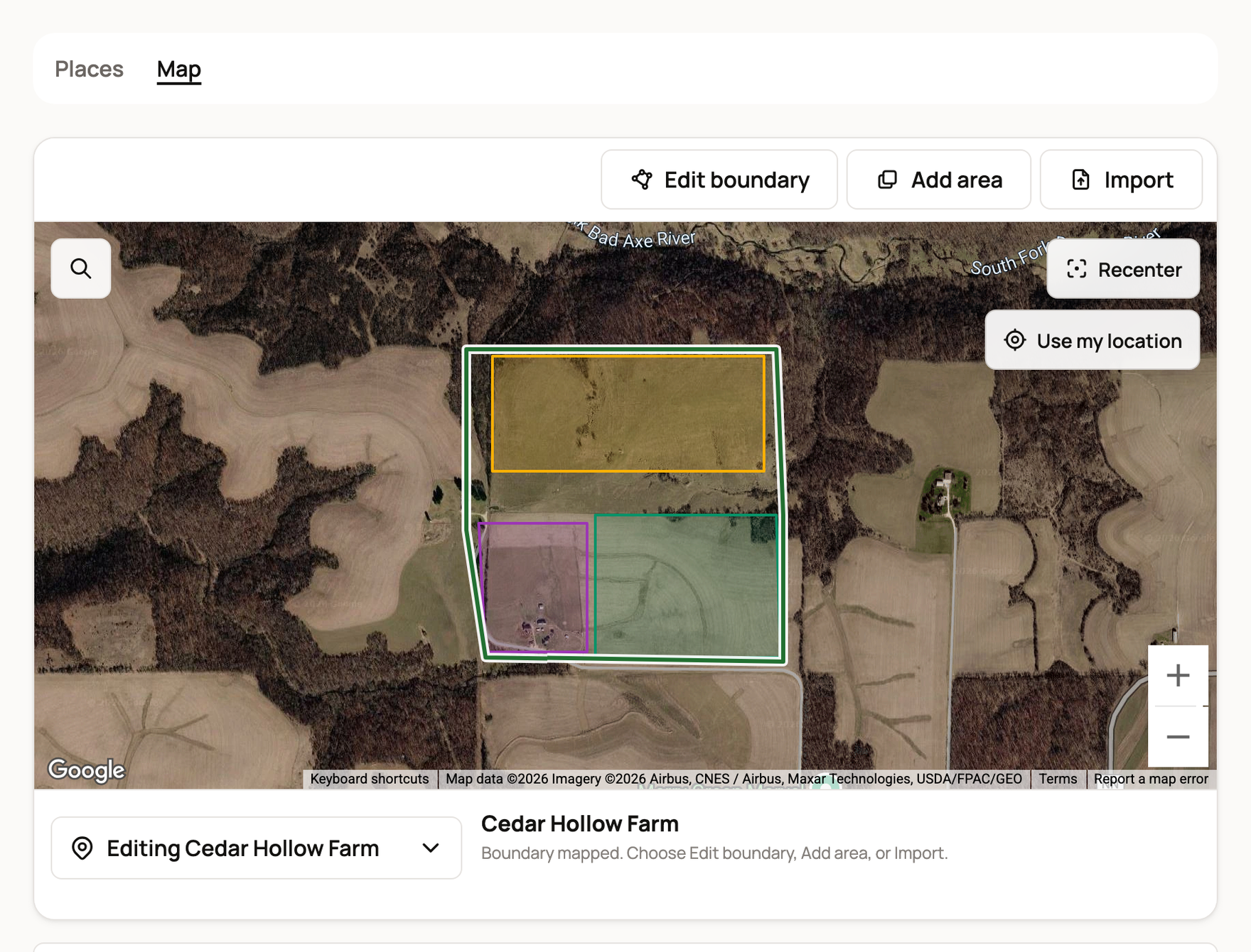 Cedar Hollow Farm boundary on the satellite map with three pastures drawn inside, and Edit boundary, Add area and Import