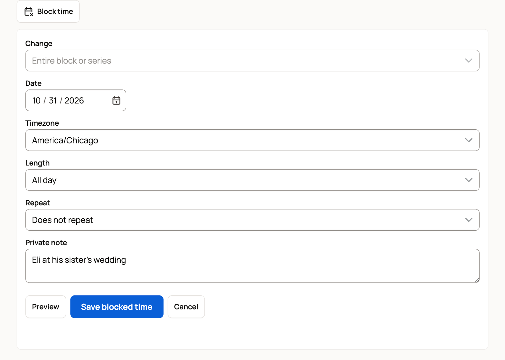 Block time form set to all day on Oct 31, with a private note and Save blocked time