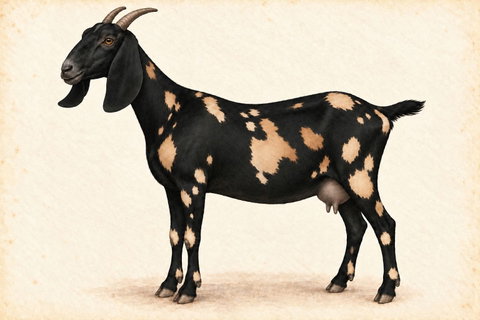 Illustration of a Nubian doe: black body with tan moonspots, long pendulous ears, Roman nose and natural horns.