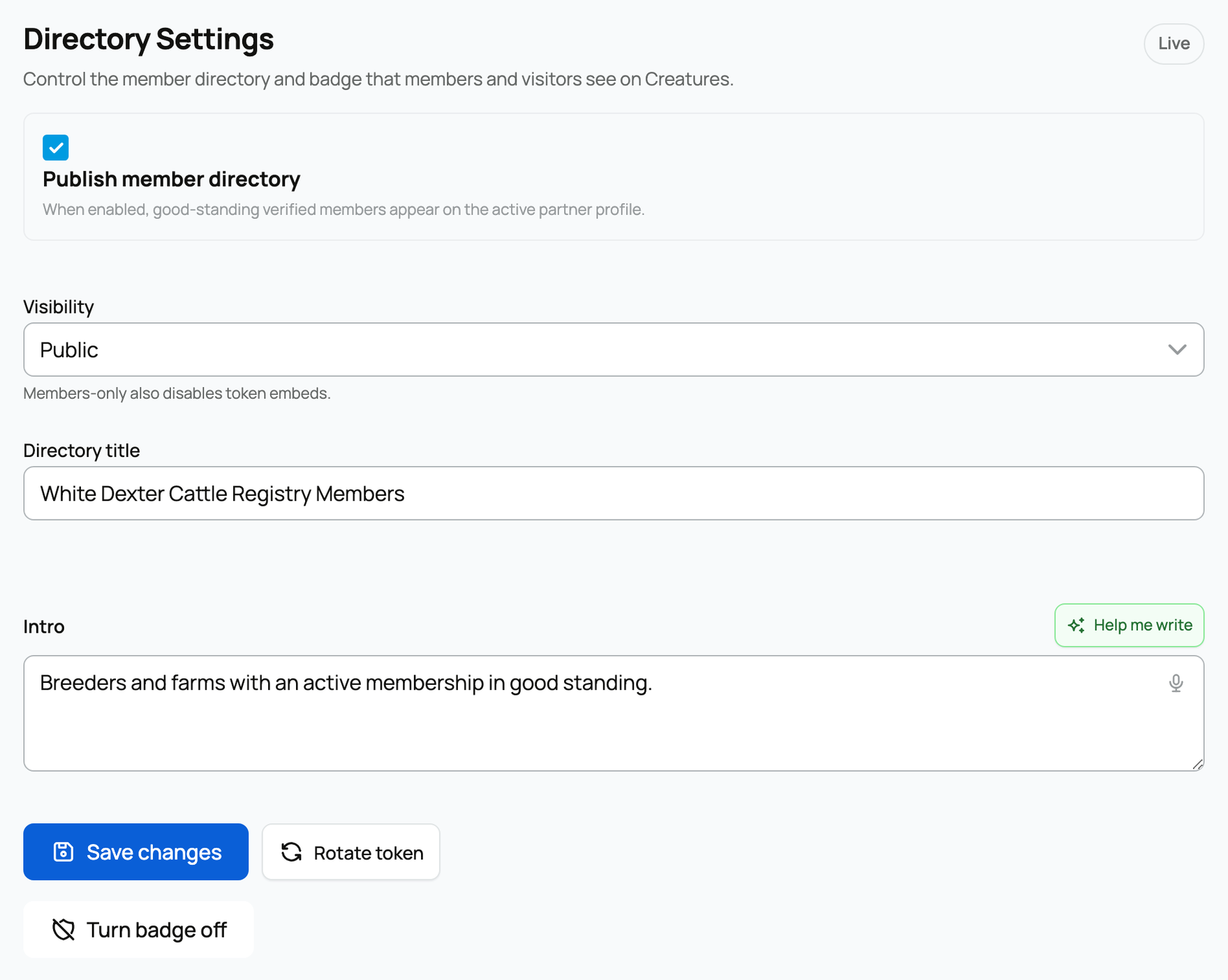 Directory title, visibility, introduction, and publishing controls