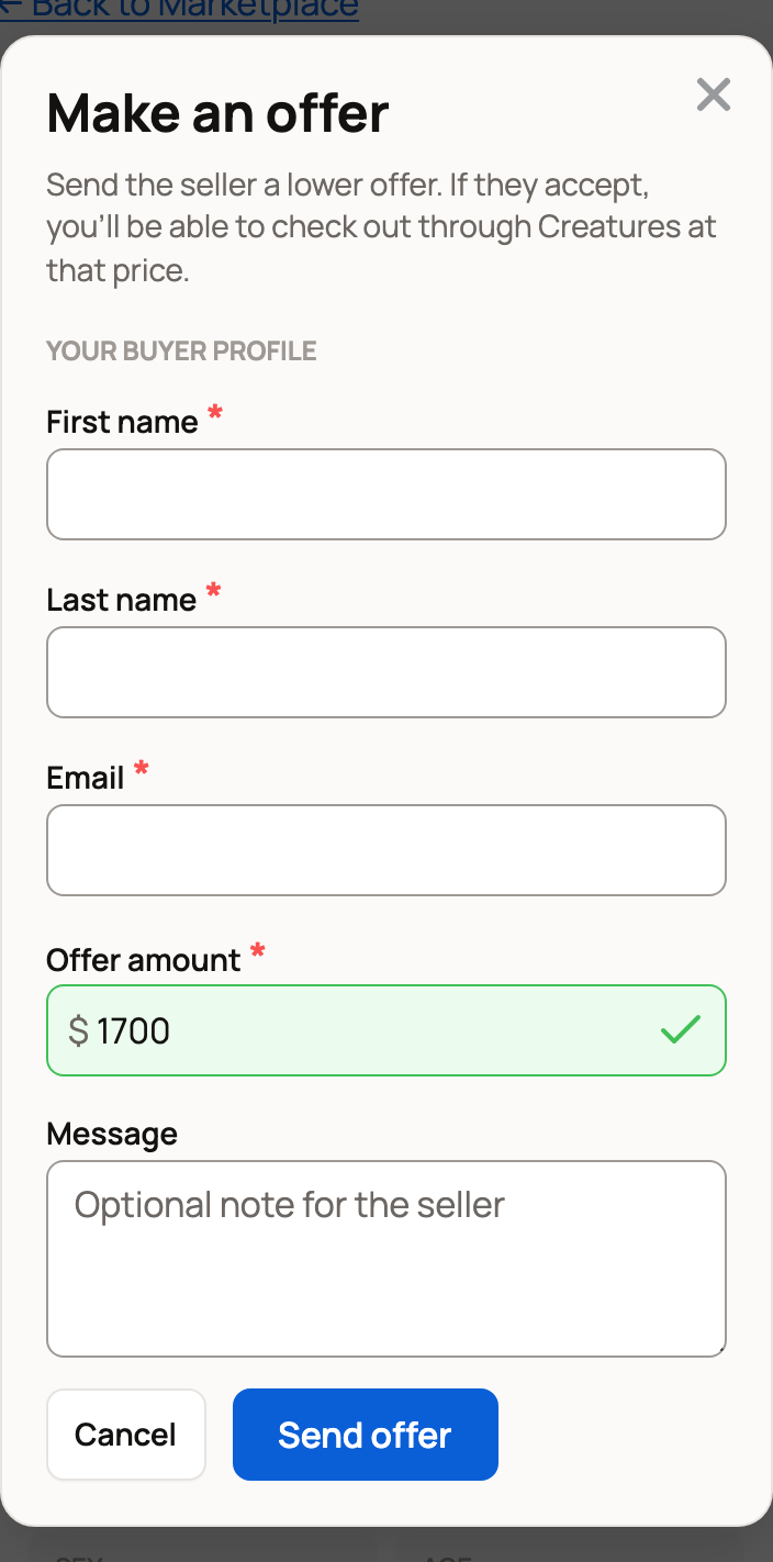 Make an offer form asking a signed-out buyer for a name, email and offer amount