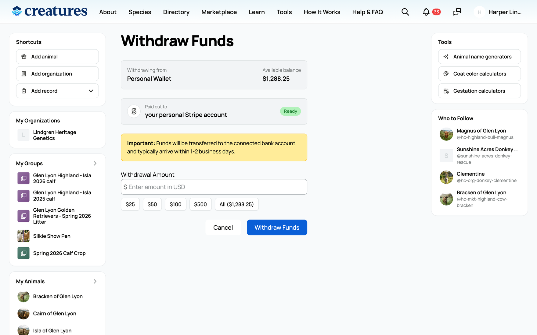 Withdrawing funds to your bank