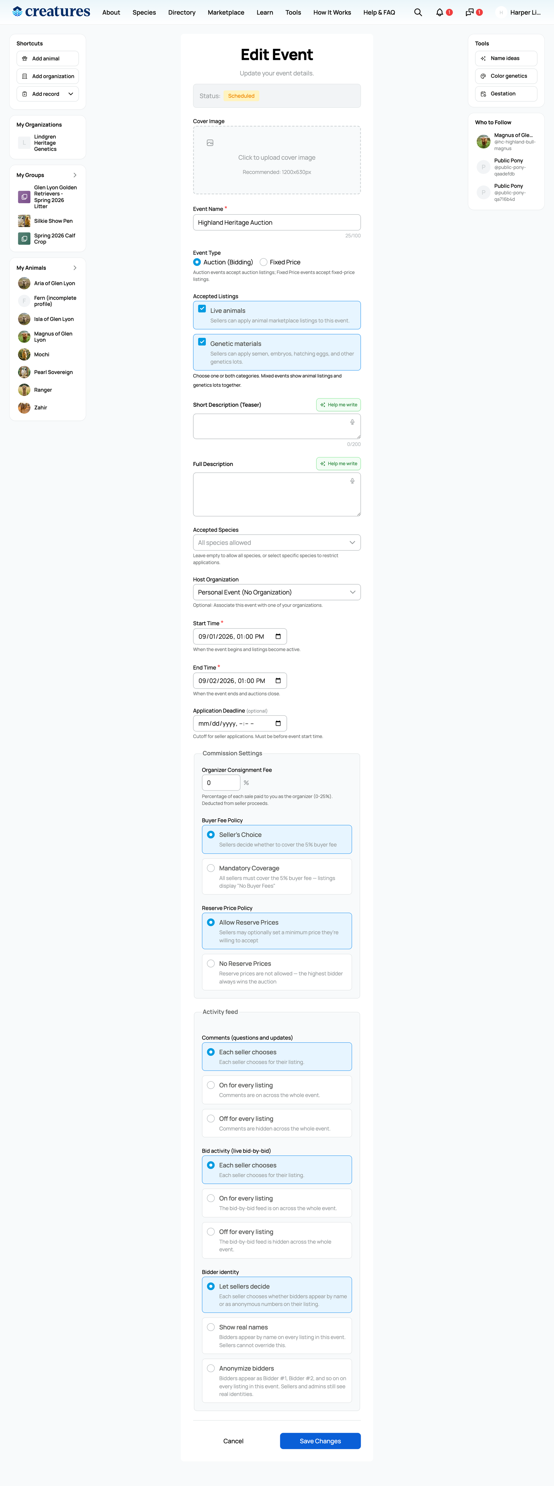 The create-event form