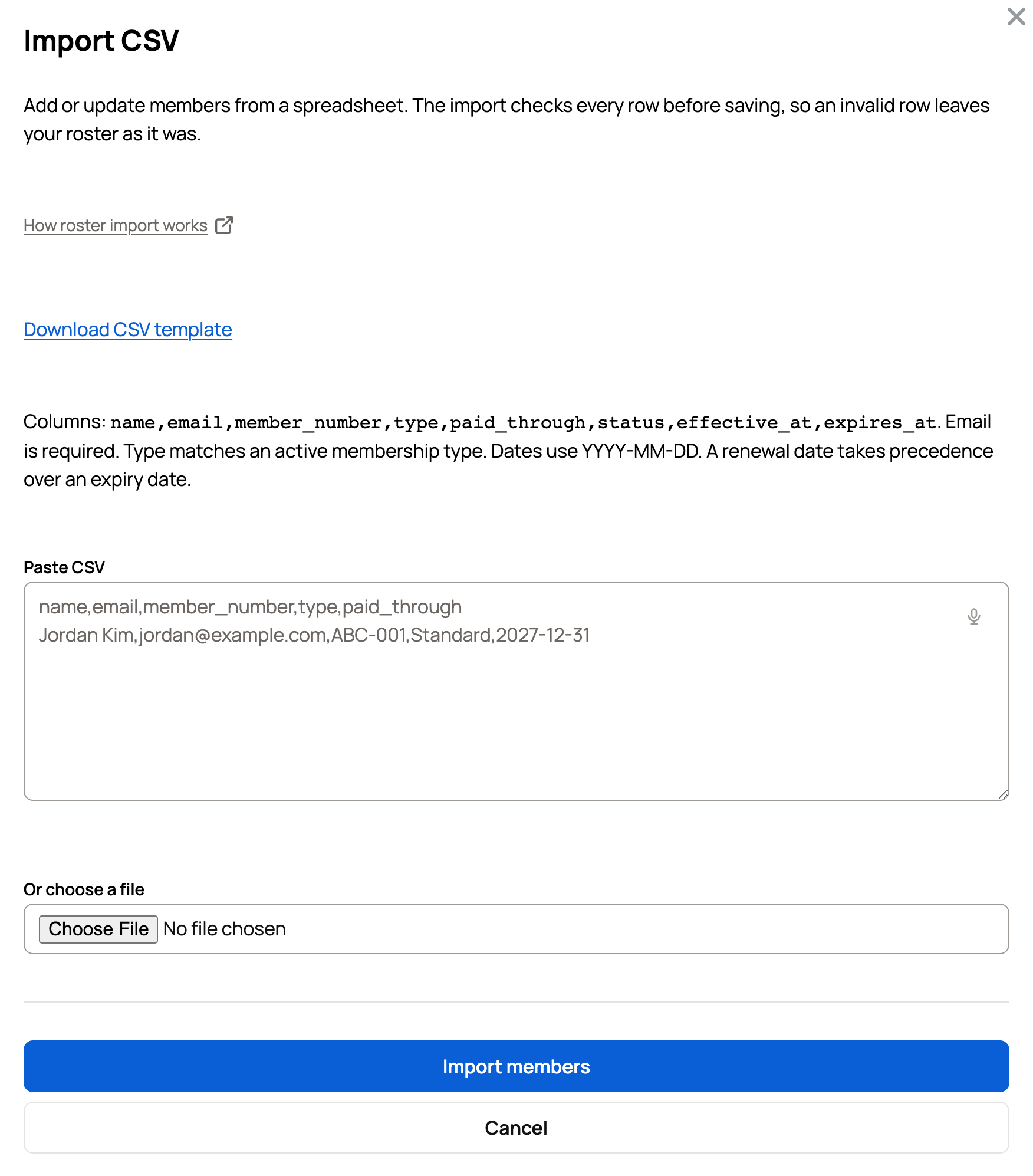 The Import CSV sheet with the template link, column rules, and Import members