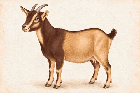 Illustration of a chocolate buckskin Nigerian Dwarf doe: chocolate brown cape, dorsal stripe, tail and leg marks over a tan body and belly.