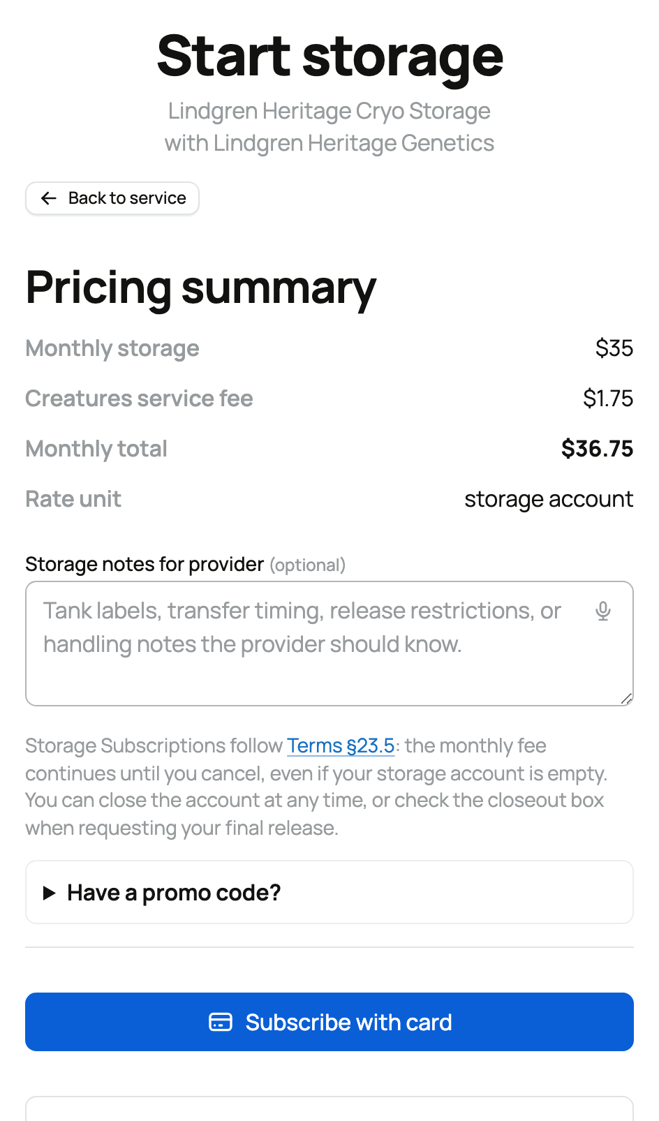 Lindgren storage signup with monthly total, provider notes, and Subscribe with card